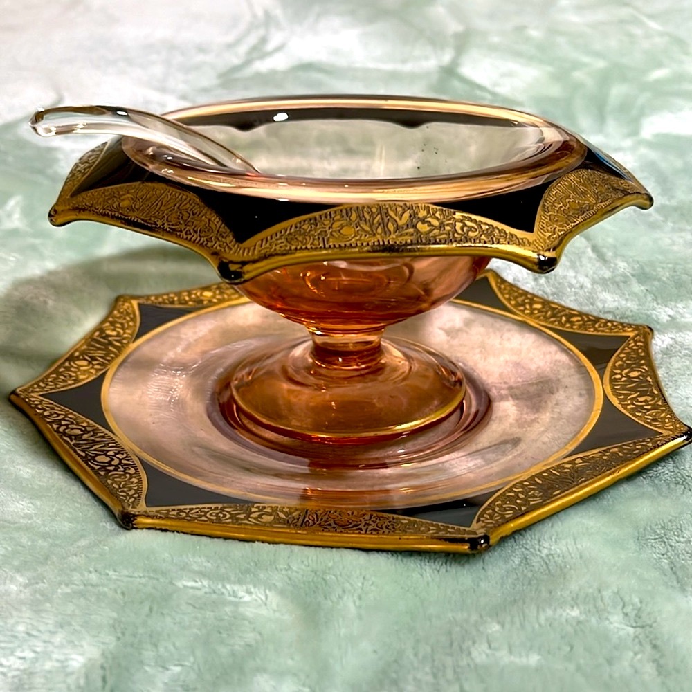 Vintage Tiffin Franciscan Pink Black Gold Gilted Compote Serving Set, 3 piece